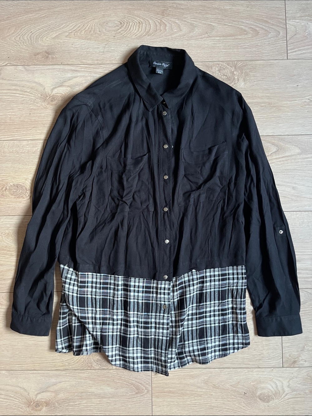 Charlie Paige Black Button-Down Shirt with Black & White Plaid Hem